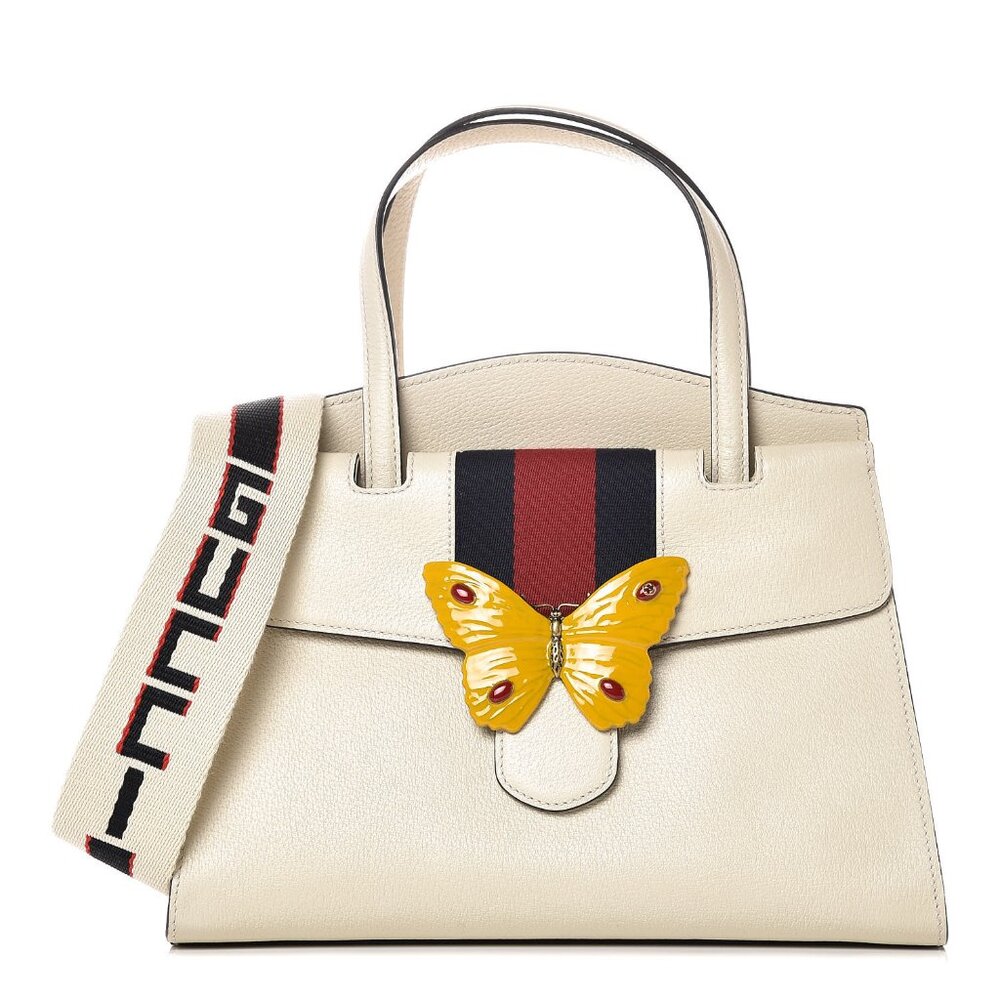 GUCCI Linea Medium Totem Web Stripped Yellow Butterfly Top Handle Bag
